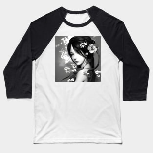 Beaux Animes Art Girl with flowers in black and white Design Baseball T-Shirt